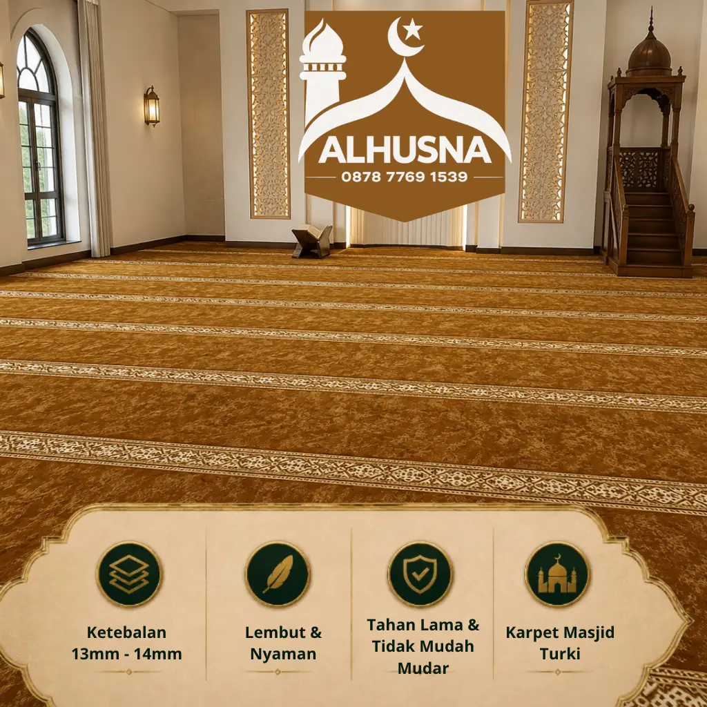 karpet masjid warna coklat keemasan ketebalan 13-14 mm di ruang sholat