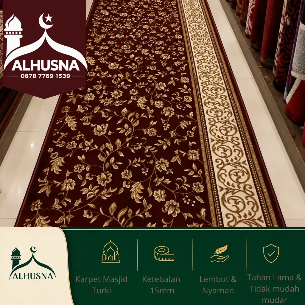 motif bunga karpet masjid turki merah marun dengan border sulur krem Alhusna